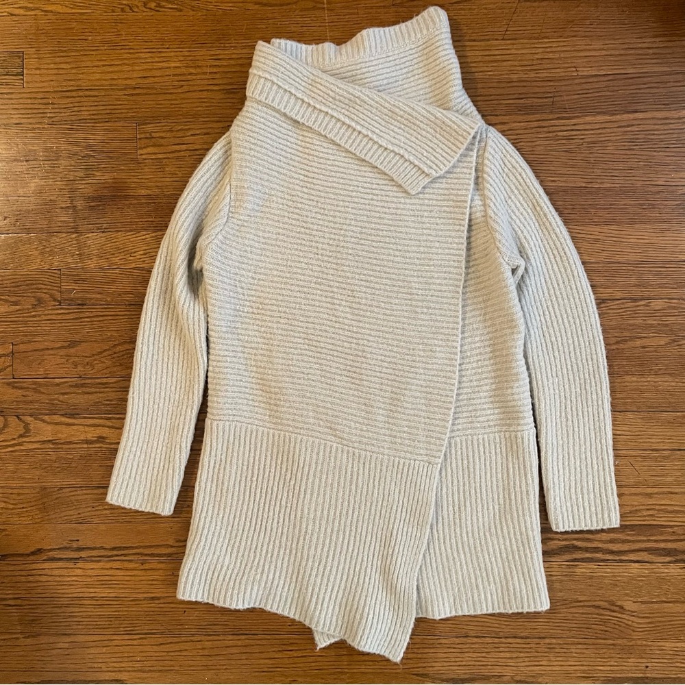 Saks Fifth Avenue Cream Cowl Neck Longline Wool Cardigan Wrap Sweater